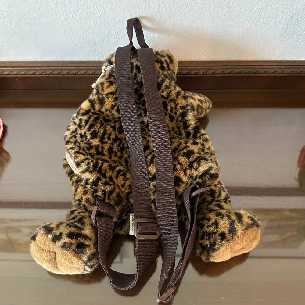 Aurora World Leopard Plush Backpack Spotted Animal Print Faux Fur 16 Inch Brown
